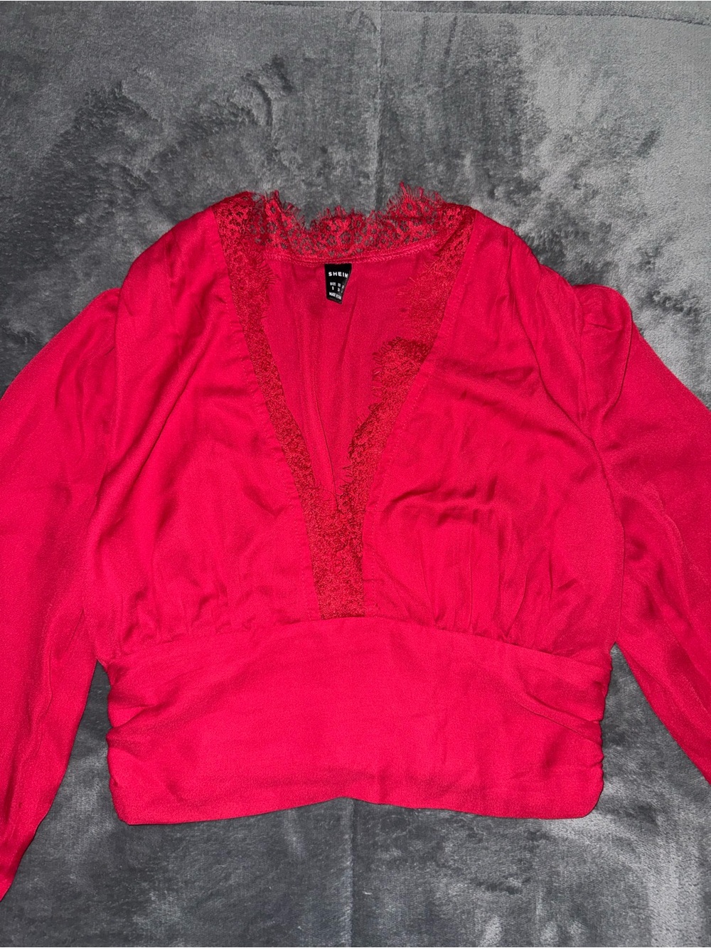 Red Lace-Trim V-Neck Long Sleeve Top